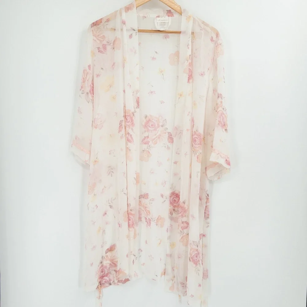 Sheer Floral Robe Women XL Pink Chiffon Romantic Bridal Cottagecore Softcore